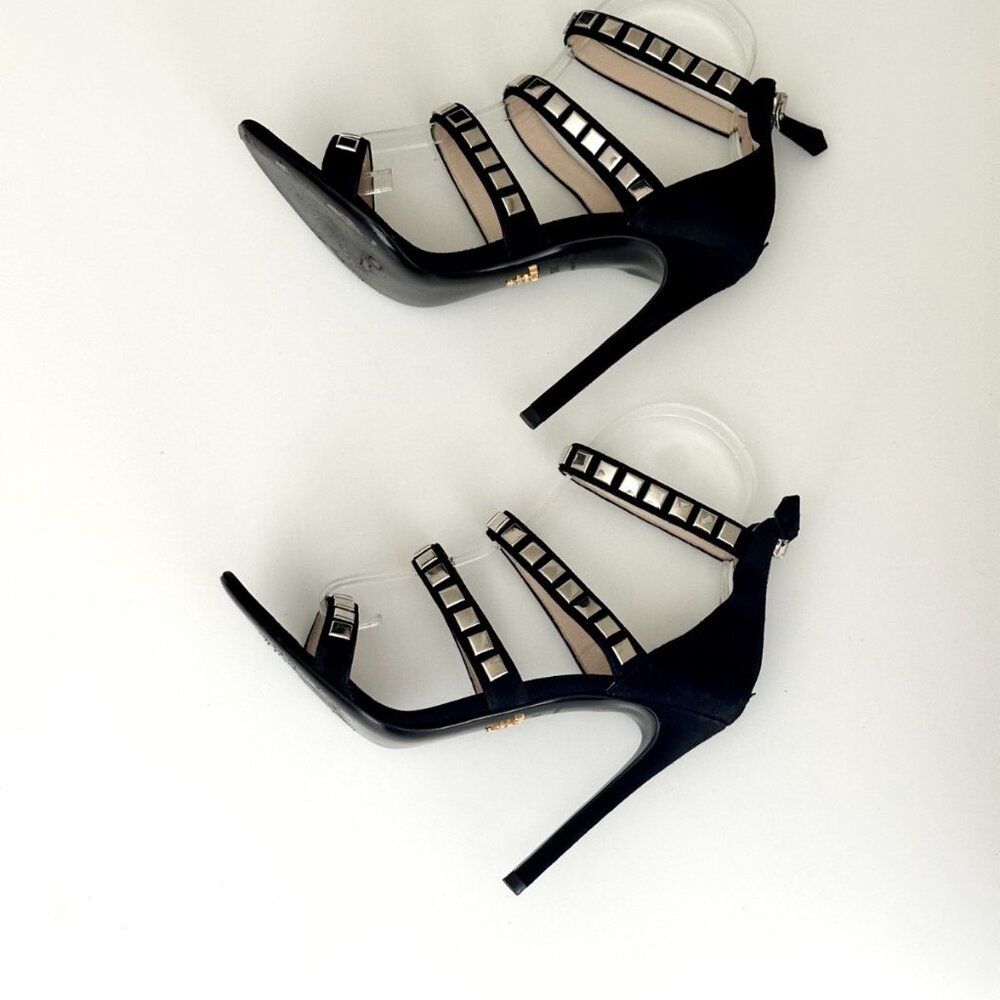 PRADA Black Suede Silver Studded Strappy Sandals Heels Size 38.5 (US 8.5) - Picture 6 of 11